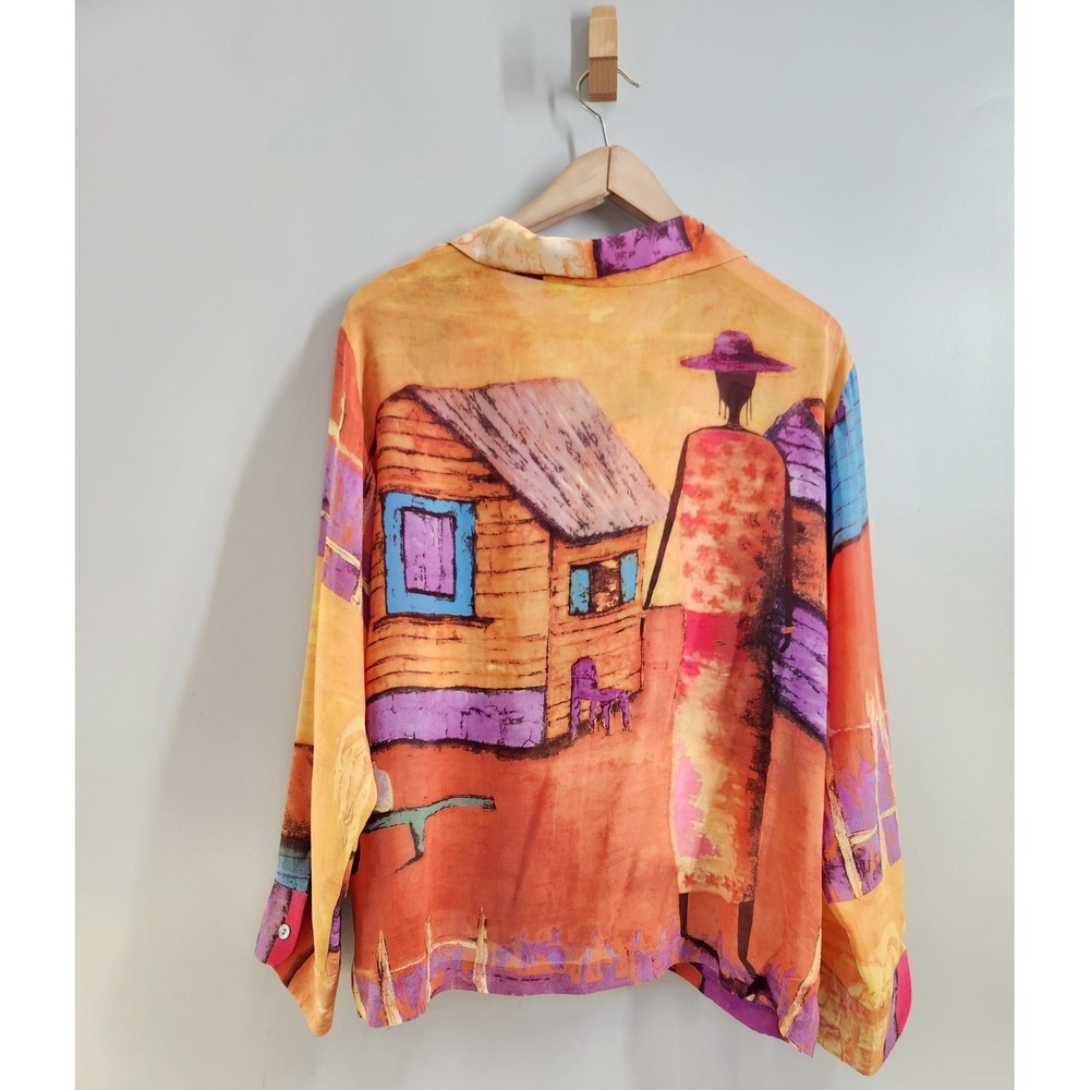 Chico's Design Silk Button Down Shirt Womens Large Multicolor Village Art Scene